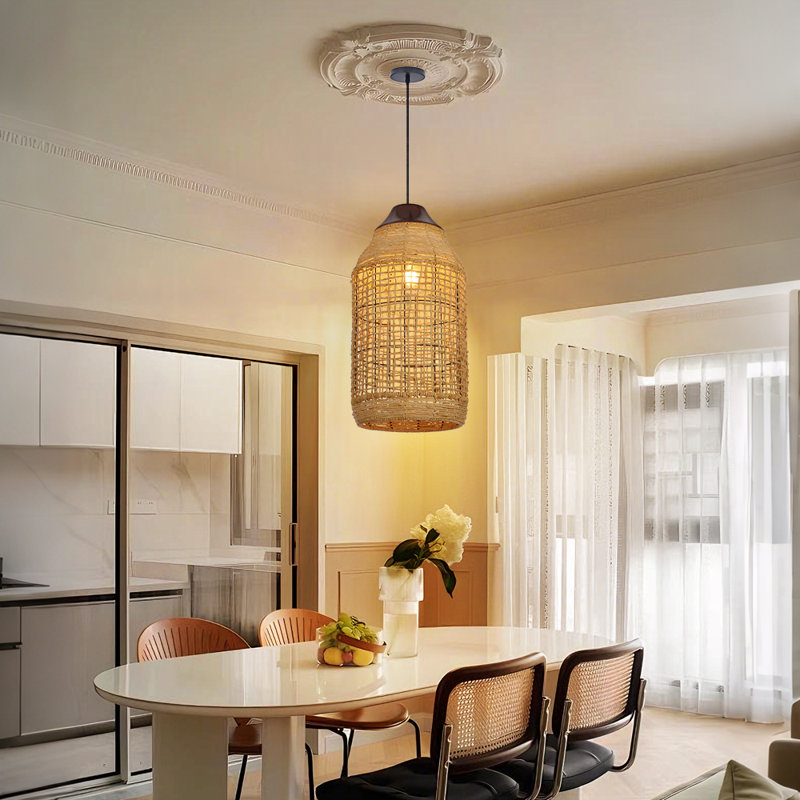 Handwoven Rattan Pendant Light for Dining Room, 27.56" H x 15.75" W x 15.75'' D