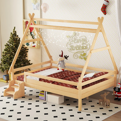 Full House Platform Bed with Stairs, Solid Wood Twin Bed Frame, Low Profile and Childlike Fun Design