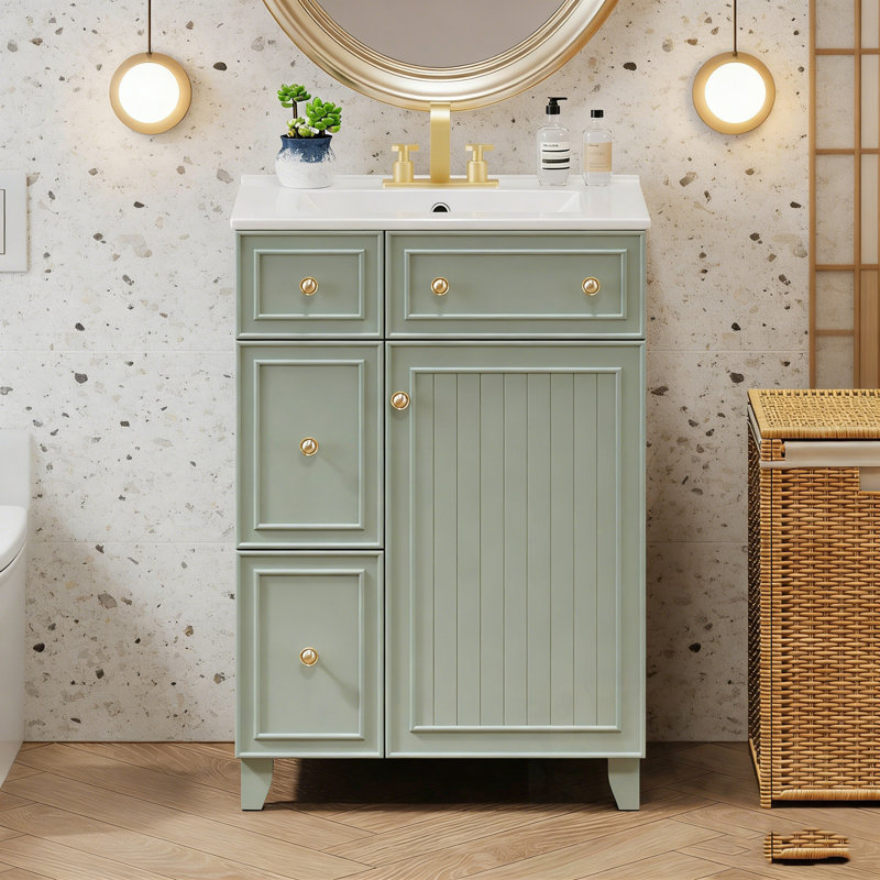 Armoire de salle de bain avec lavabo, 2 tiroirs et 1 porte à fermeture en douceur, Vert