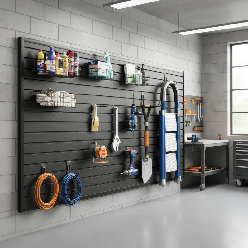 Système d'organisation de garage en PVC noir Slatwall 8 pi x 4 pi avec accessoires 30 pièces, Noir