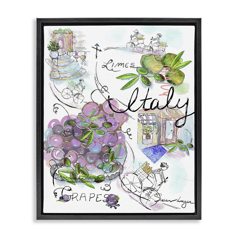 Cadre flottant Italie, croquis raisins et bistro, design par Susan Lugar, Cadre flottant noir de jais, H 21 po x l 17 po
