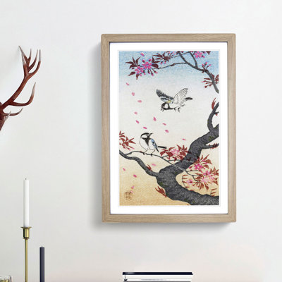 Two Great Tits on Blossom Tree by Ohara Koson - Framed Print