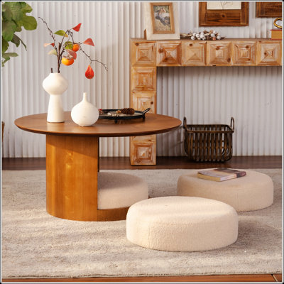 Table basse ronde en bois 31,5 po avec 3 tabourets gigognes en tissu Teddy, ensemble de table centrale multifonctionnel avec rangement caché pour le salon
