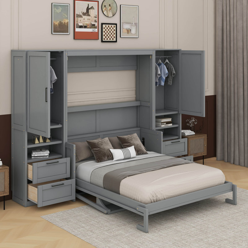 Grand lit escamotable mural avec placard, tiroirs et tablettes, Gris