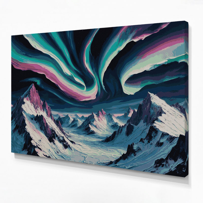«Sci Fi Aurora borealis over montagnes», art mural sur toile grise, H 12 po x l 18 po