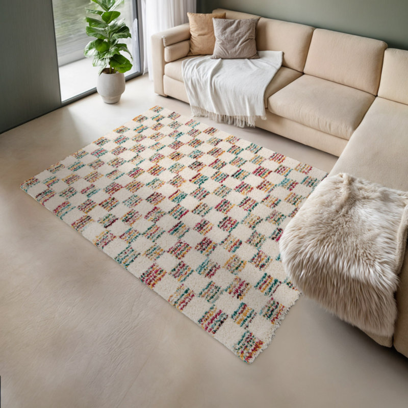 Machine Woven Rug, Chequered Shaggy Rug, Rectangle 120 x 170 cm