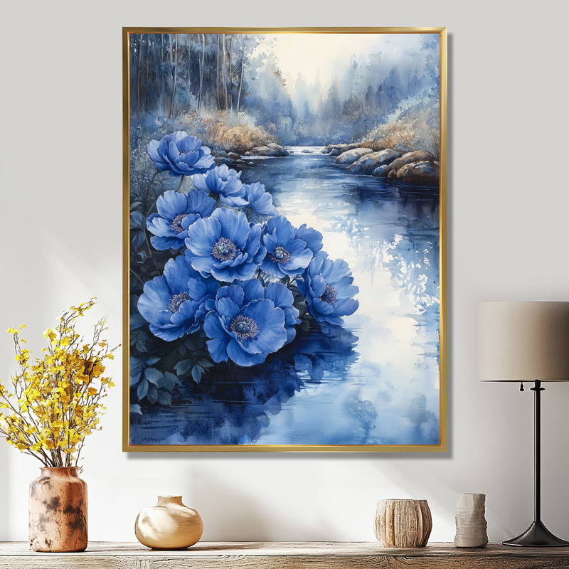 Bleuet sur fond bleu - Pivoines, H 44 po x l 34 po, Reproduction avec cadre flottant, Doré