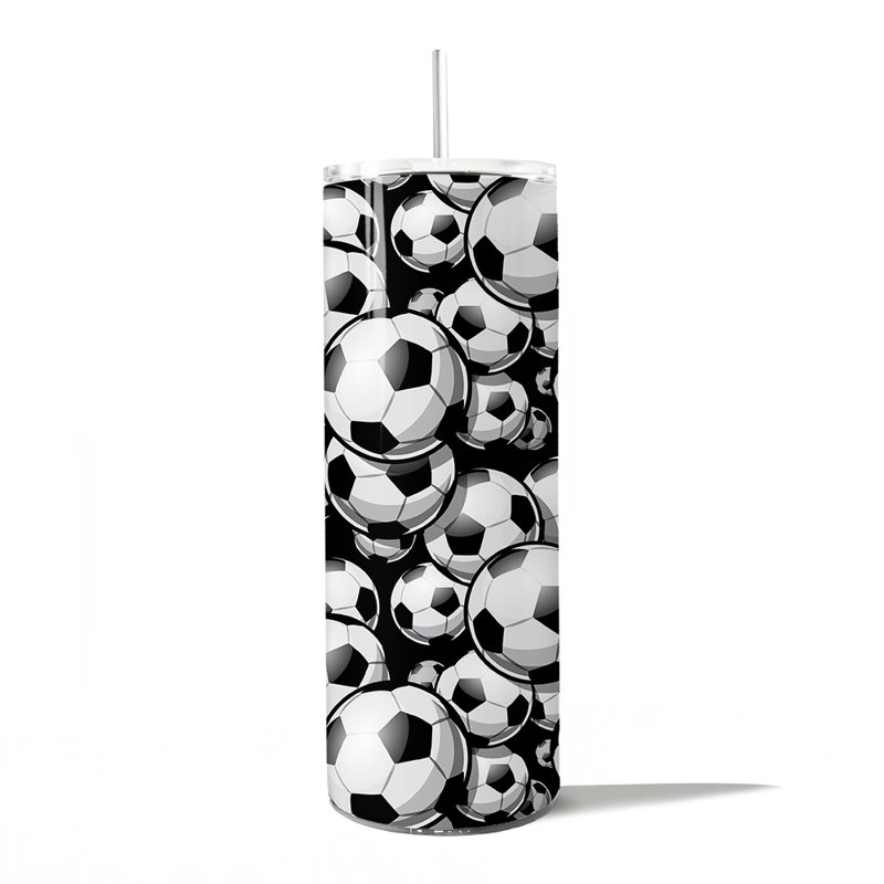 Verre noir et blanc avec ballon de soccer 20 oz avec couvercle et paille en acier inoxydable