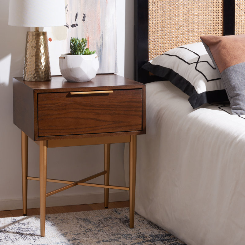 Elegant & Modern Sandoz 19'' W Nightstand –Oak Wood with Sleek Gold Metal Accents for Modern Bedroom, Walnut