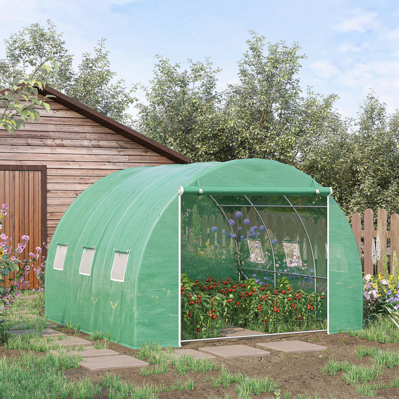 Outsunny Walk-In Tunnel Hoop Greenhouse, Polyethylene PE Cover, Steel Frame, Roll-Up Zipper Door & Windows For Flowers, Vegetables, Tropical Plants