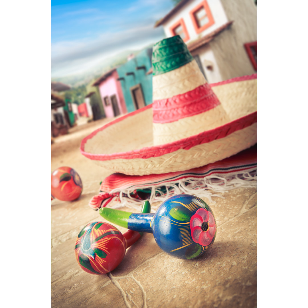 Mexican Hat, Or "sombrero" And Rattles On A "serape" by Fergregory - Wrapped Canvas Print