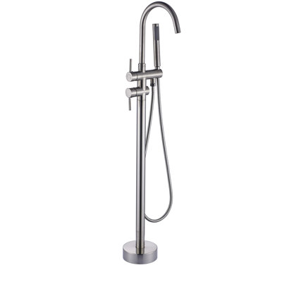 Single Handle Bathroom Tub Filler With Handheld Shower, Floor Mounted, 59" Hose Brushed Nickel Freestanding Curved Faucet Shape, Finish