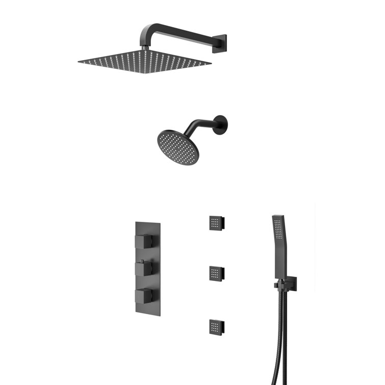 Crozet Thermostatic Shower System with Dual Shower Head, 3 Body Jets and Hand Shower  (Valve Included)