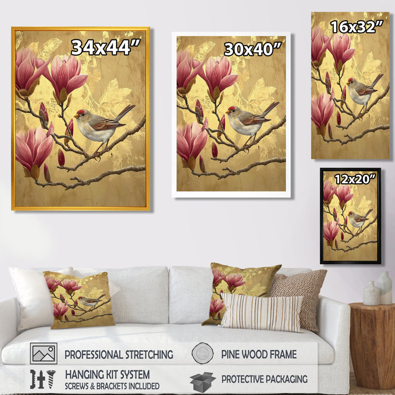Oiseau pinson sur un magnolia - décoration murale, H 20 po x l 12 po x P 1 po, Toile avec cadre noir