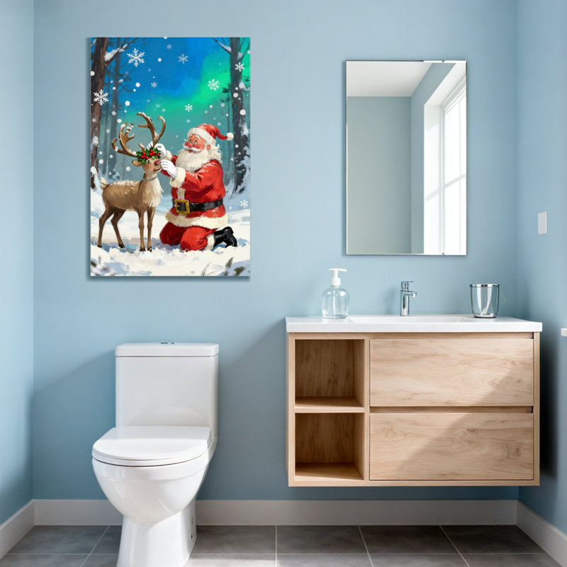 Noël père Noël avec renne dans la forêt enneigée, H 36 po x l 24 po