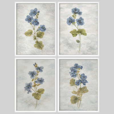 Vintage Blue Floral Botanical Framed Wall Art Prints Set of 4 - Classic Herb Illustration for Living Room Bedroom