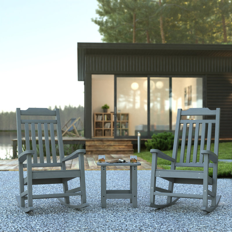 3 Piece Set All-Weather Poly Resin Rocking Chairs with Accent Side Table, Gray