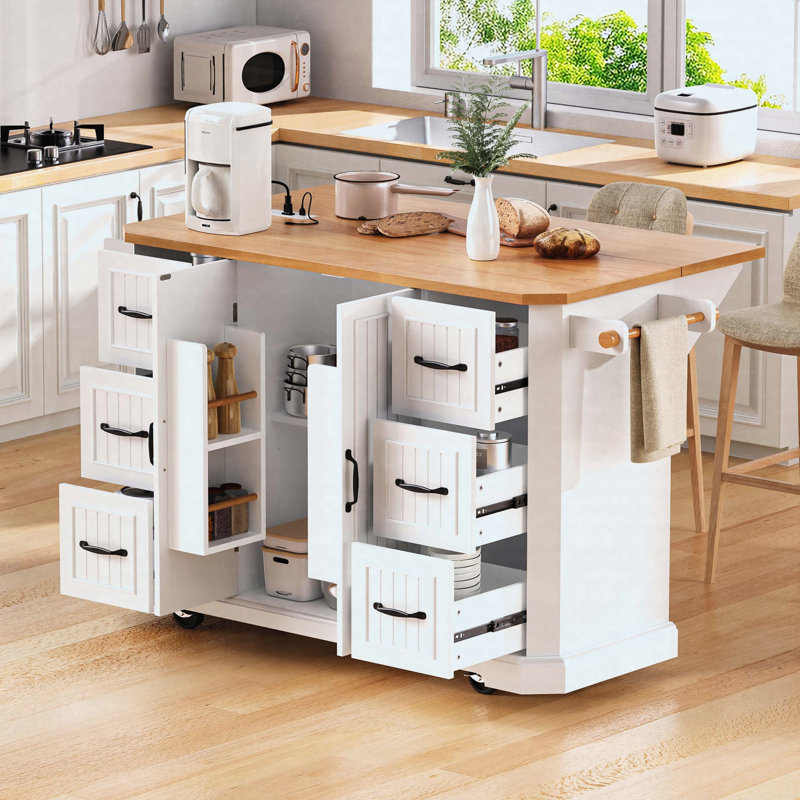 56 inch Kitchen Island with Rubber Wood Veneer Drop Leaf, Power Outlet, 4 Door Shelves, Embossed Vertical Stripe Rolling Kitchen Cart on 4 Wheels with 6 Deep Drawers for Kitchen, Dining Room,White