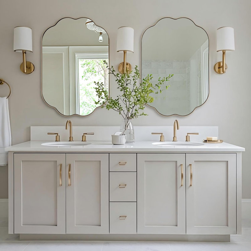 Contemporary Oval Scalloped Bathroom Vanity Wall Mirror | Stainless Steel Frame, Brushed Gold, 38" x 26"