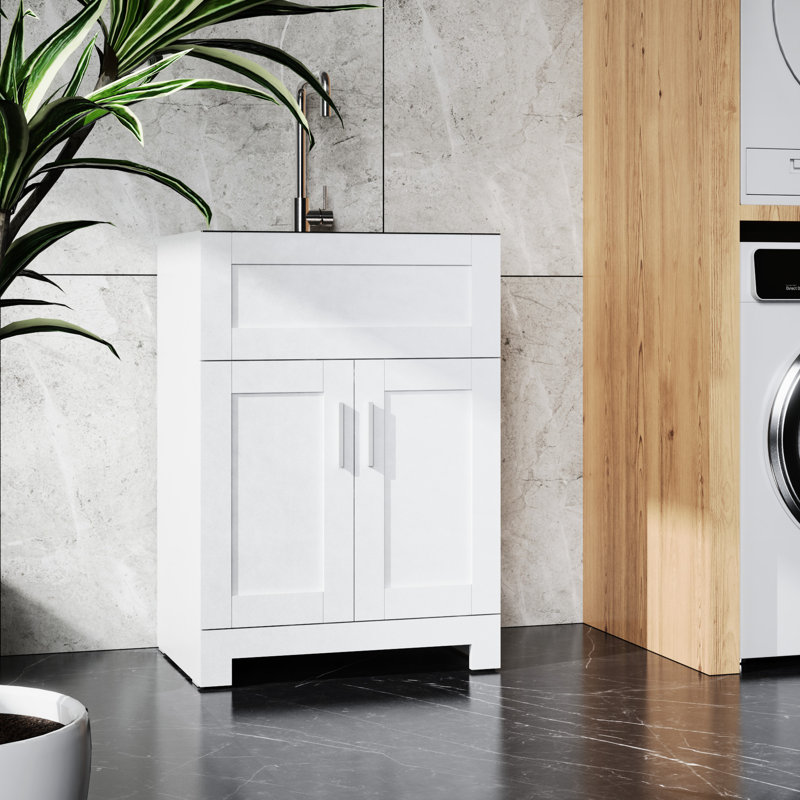 24In White Laundry Cabinet - Stainless Steel Sink & Faucet Firm Effortless Setup Utility Strong Silent Atmosphere Building