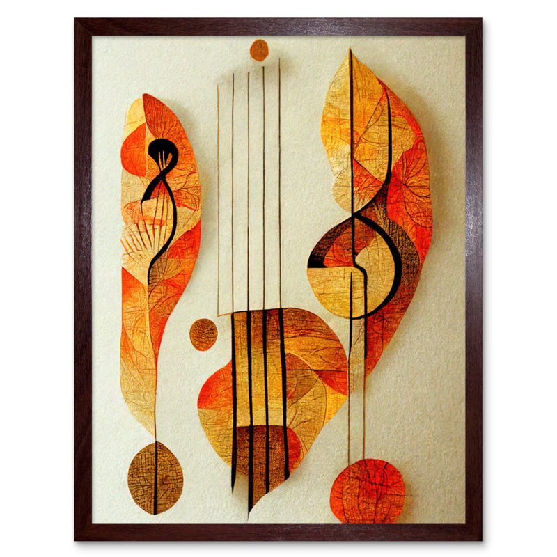 Modern Abstract Musical Symbol Clef Staff - Print, 25.9cm H x 20.6cm W x 1.5cm D, Brown Framed Unframed