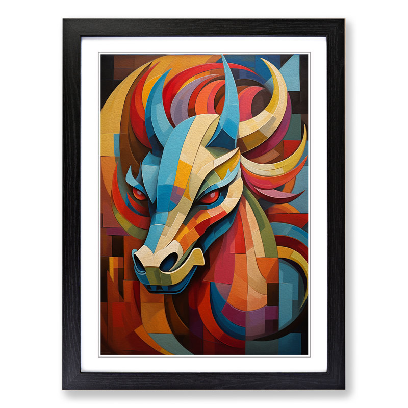 Dragon Cubism - Single Picture Frame Print on Wood, Black, 34" H x 25" W x 2" D