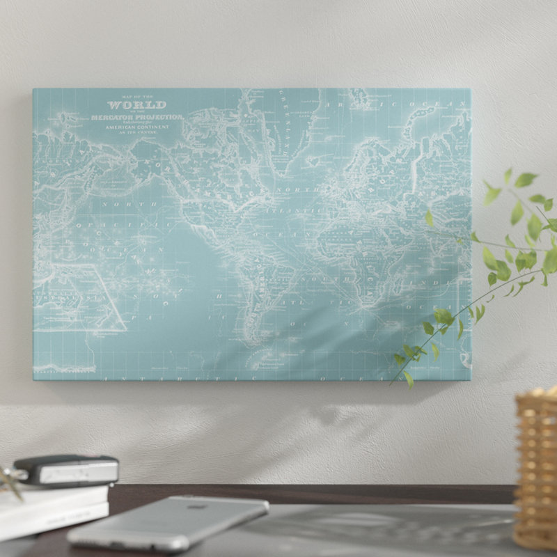 « world map on aqua », impression sur toile, H 18 po x l 26 po x P 1,5 po, Pas de tapis, Toile tendue