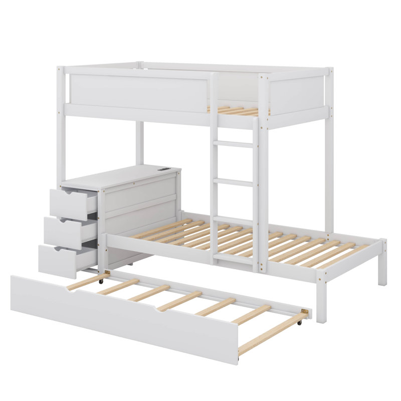 Lit superposé simple au-dessus de simple avec lit gigogne simple, espace de rangement et bureau, Blanc
