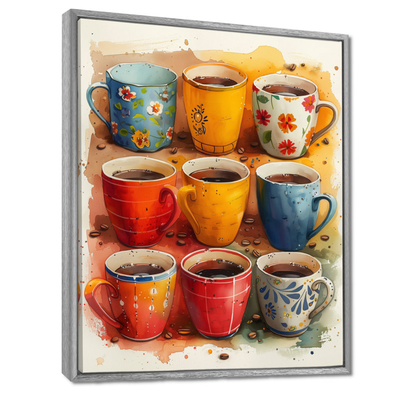 Tasse de café rouge et bleu Boho Morning II - café, art mural, Encadrement argenté, H 16 po x l 32 po
