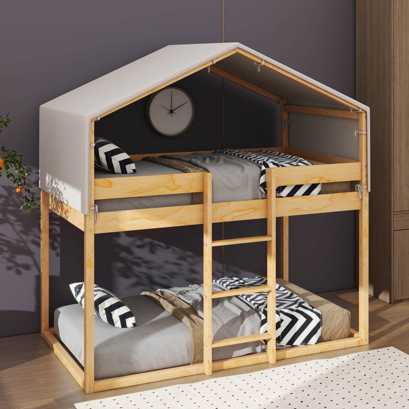 Comfy Twin-Over-Twin Wooden Bunk Bed With Cozy Tent Top, Natural