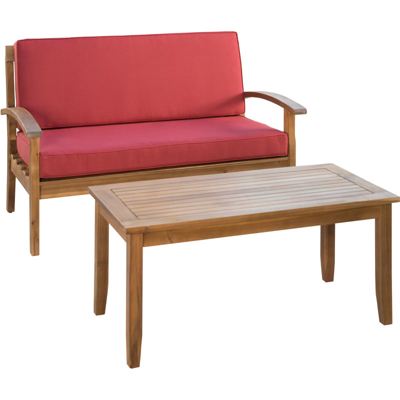 Barrentine Acacia 2 - Person Patio Conversation Set with Cushions, Brown Frame / Red Cushion