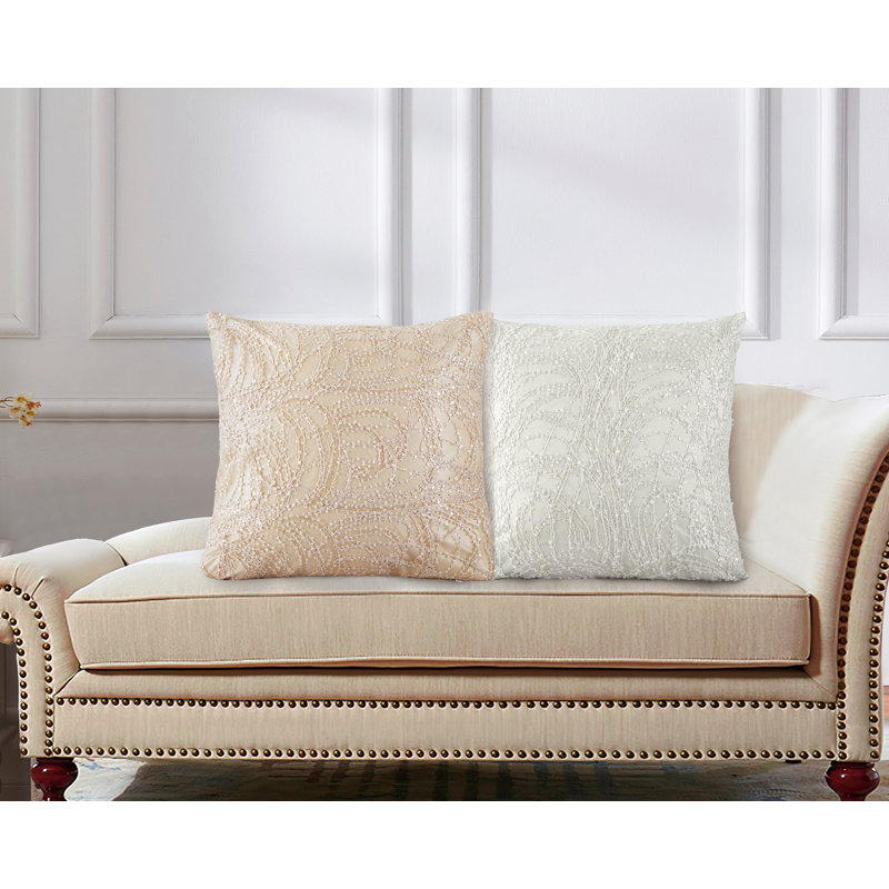 Lin violet tissé avec motif de perles Florance, polyester, tissu brodé en dentelle brodée à paillettes transparentes, 2 plis, envers en satin de couleur unie, doré, carré, coussin décoratif décoratif carré de 18 po x 18 po