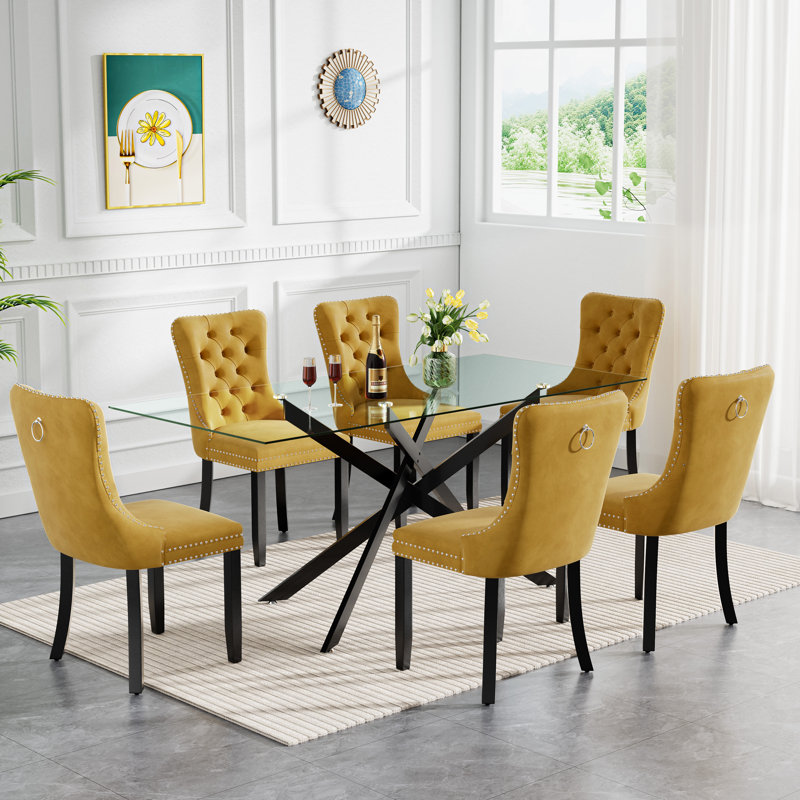 7 Piece Glass Dining Table Set for 6, Modern 60" Glass Kitchen Table with Metal Leg, Tufted Velvet Upholstered Dining Chair, Rectangle Dining Table and Chairs Set for Kitchen