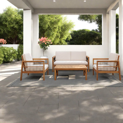 Ensembles de salle à manger de patio moderne, ensemble de fer en bois d'acacia 4 pièces, coussins beiges