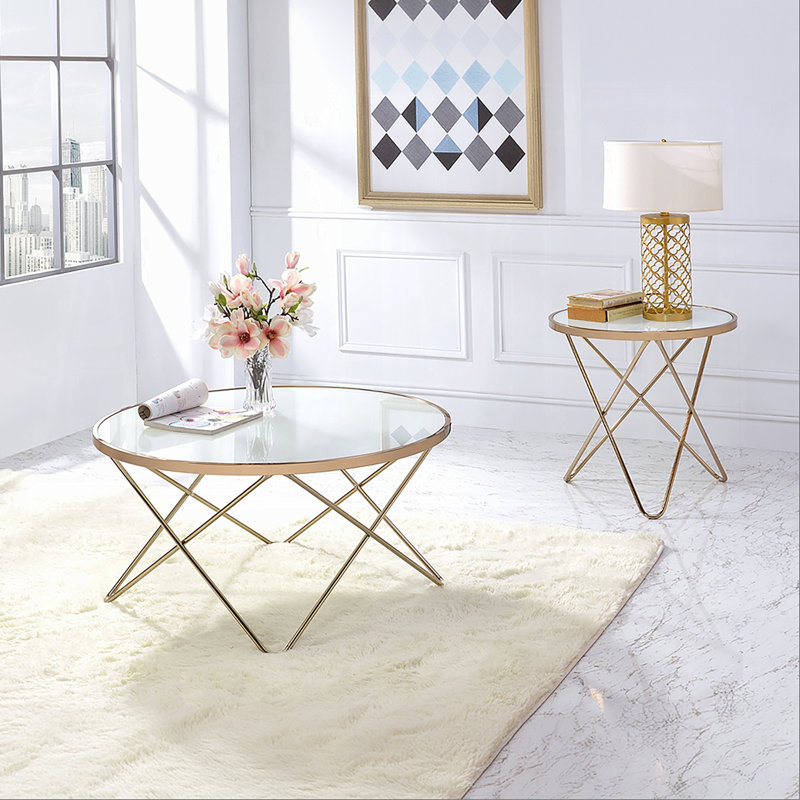 Table basse élégante en forme de V à croisement avec plateau en verre, Blanc, H 18 po x l 34 po x P 34 po