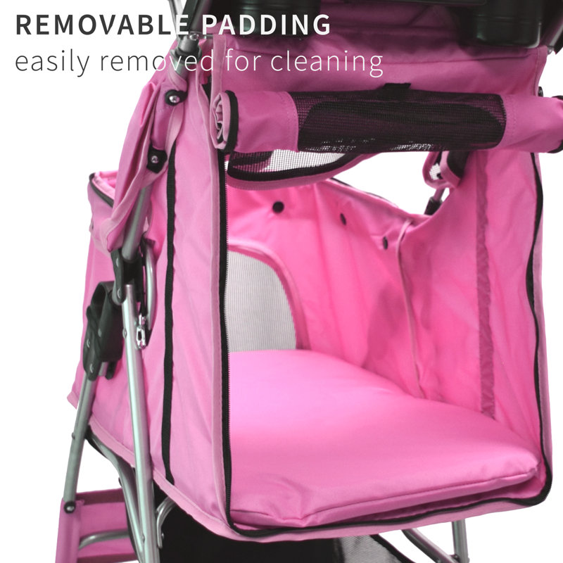 Pink Foldable Metal Pet Stroller with Mesh Windows