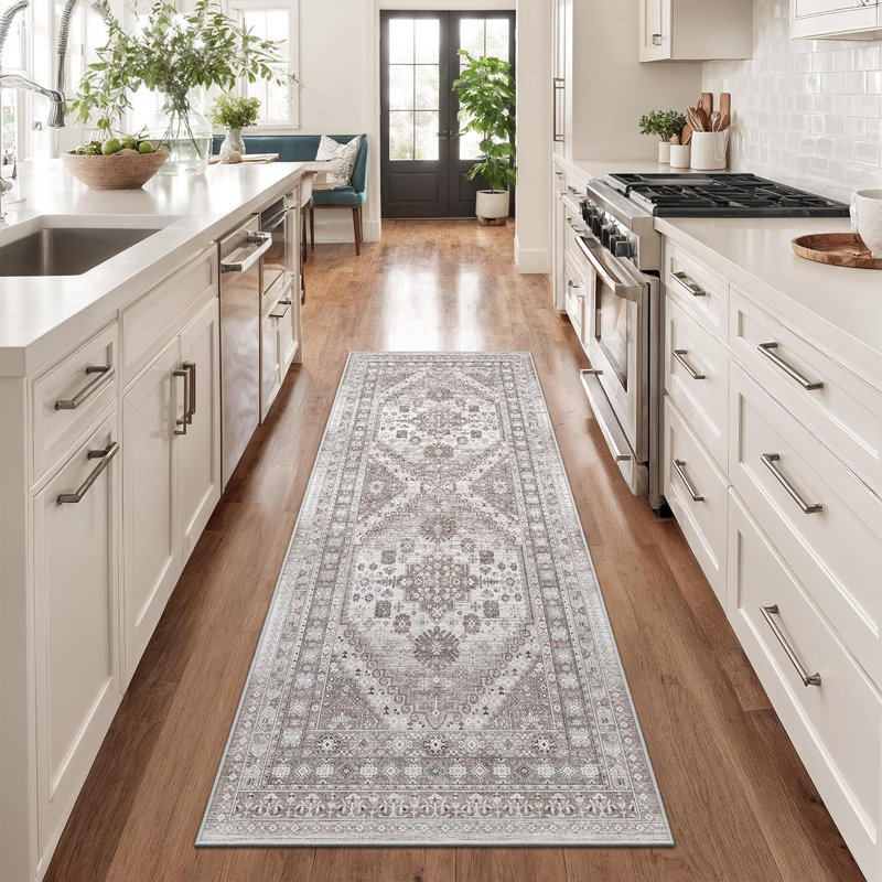 Medallion Non Slip Washable Rug(Brown), Runner 2' x 5'