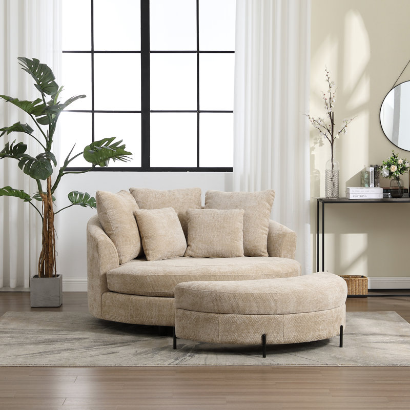 Upholstered Barrel Chair With Ottoman, Wheat Chenille