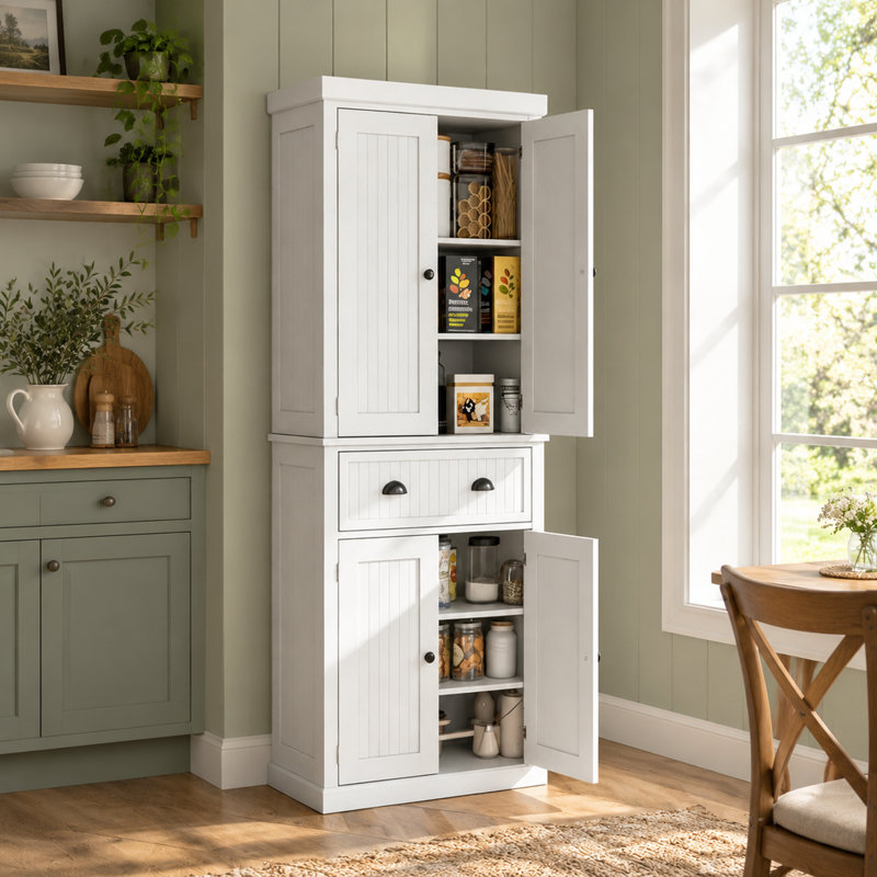 Armoire de rangement blanche autoportante avec étagères réglables pour cuisine ou salle de bain