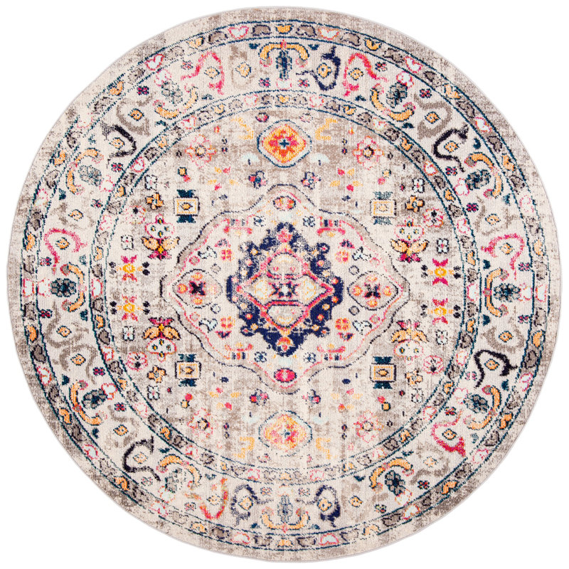 Felty Oriental Gray/Blue/Orange Area Rug, Round 6'7"