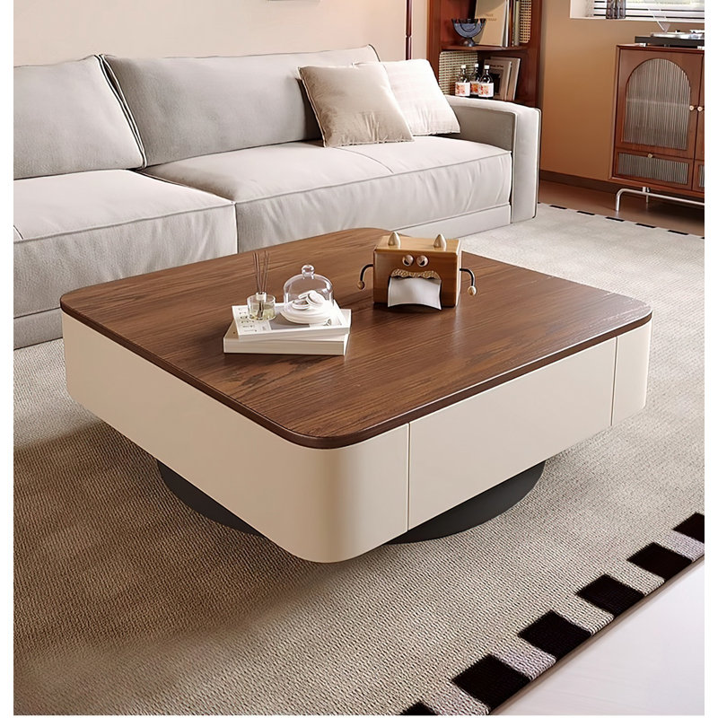Table basse 31,5 "carrée en bois moderne avec tiroirs de rangement cachés, table centrale à profil bas pour le salon, noyer et crème