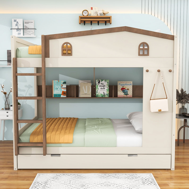 Lit superposé en bois avec tablettes de rangement et lit gigogne, Lit superposé grand sur grand, Naturel beige