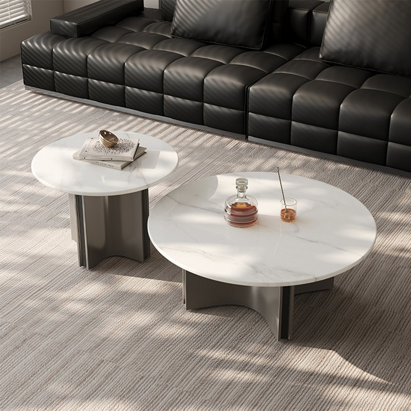 Simple round stone slab coffee table set, 14.2" H x 31.5" L x 31.5" W, White