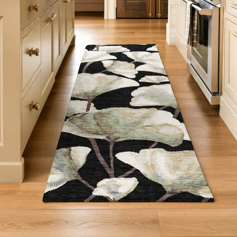 Tapis floral lavable à la machine de qualité supérieure Mayfield AMF2405, Noir, Tapis de couloir 2 pi 3 po x 7 pi 6 po