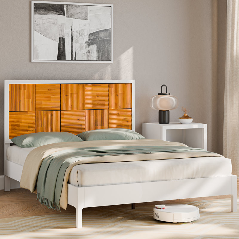 Vivian Jade Platform Bed Frame with Solid Wood and Headboard,  Contemporary Bed Frame, Queen, White