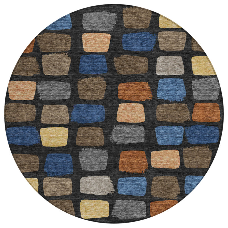 Machine Washable Indoor/Outdoor Chantille ACN2501 Squares Rug, 8' Round, Black