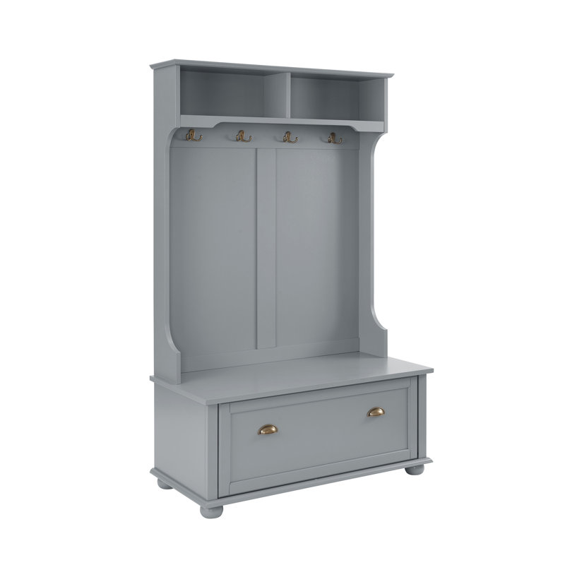 Classic Cosatal Style Hall Tree Entryway Bench With Open Shelves And Shoe Cabinets, WOOD Feet, Gray