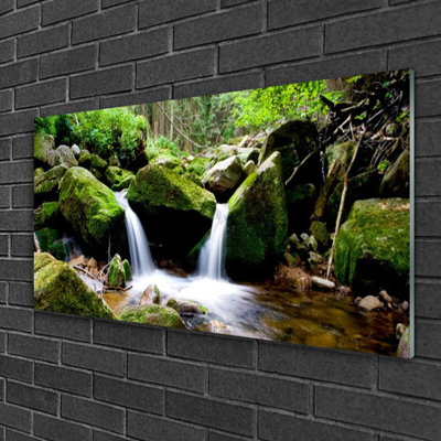 Nature Waterfall Rocks - Unframed Photograph on Glass