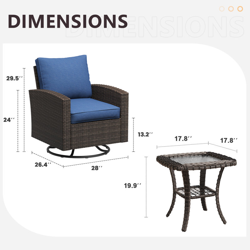 Ensemble de conversation en rotin de 3 pièces avec coussins, Marine