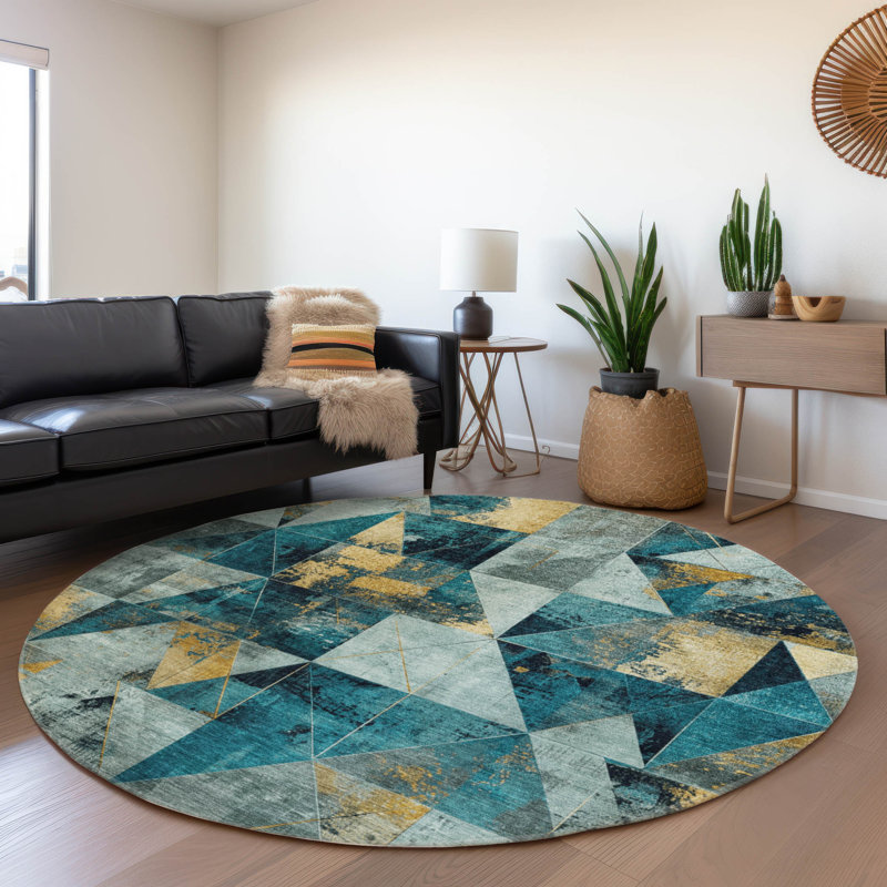Tapis bleu sarcelle lavable à la machine intérieur / extérieur Xhevrie, Rond 8 pi